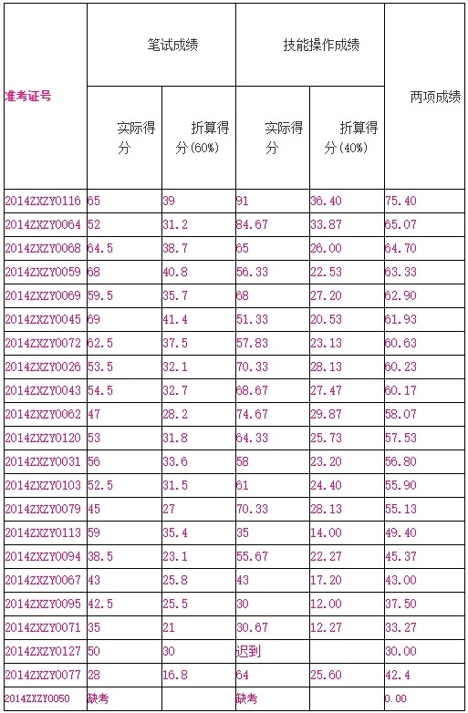 县中医院招聘工作人员笔试和技能成绩公示